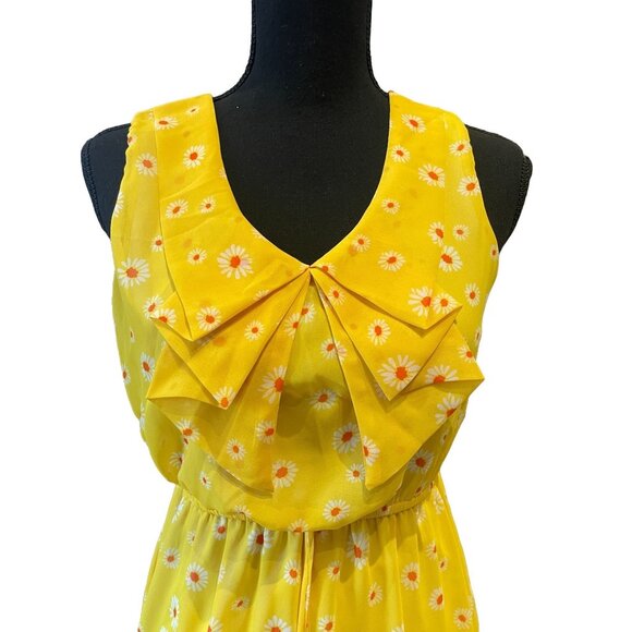 V-neck daisy print layered ruffle dress Small sleeveless garden yellow - Picture 1 of 6